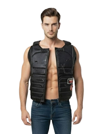 Man wearing a black protective vest on a white background