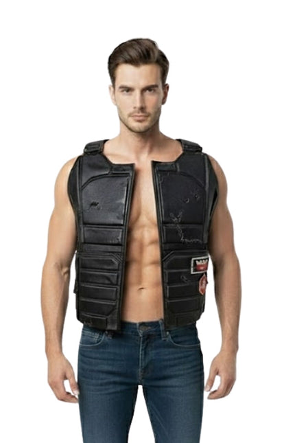 Man wearing a black protective vest on a white background