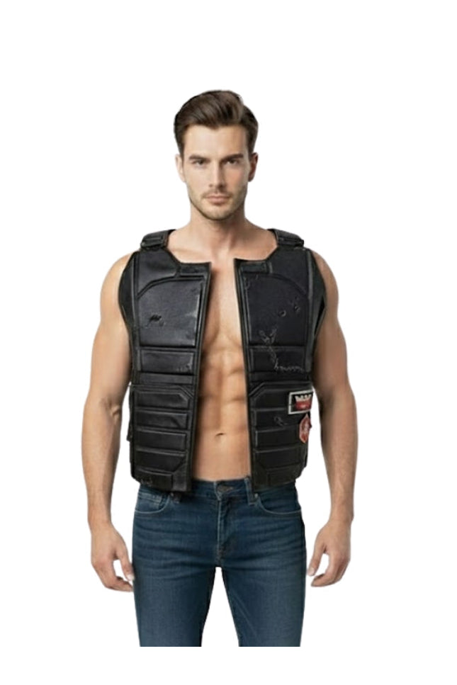 Man wearing a black protective vest on a white background