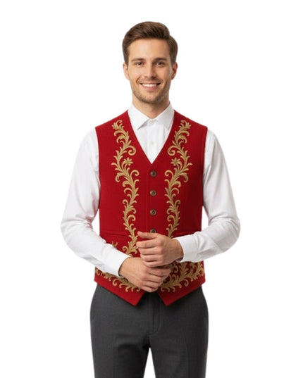 Man wearing a red vest with gold embroidery on a white background