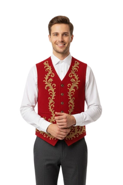 Man wearing a red vest with gold embroidery on a white background