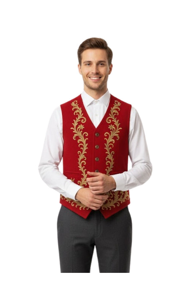 Man wearing a red vest with gold embroidery on a white background