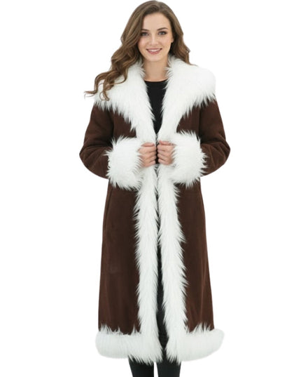 Woman wearing a brown coat with white fur trim on a white background