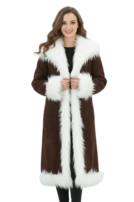 Woman wearing a brown coat with white fur trim on a white background