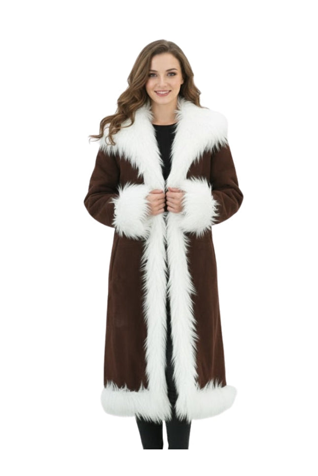 Woman wearing a brown coat with white fur trim on a white background