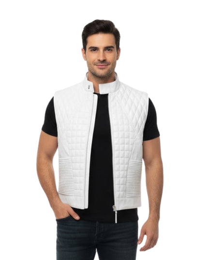 Man wearing a white quilted vest over a black shirt on a white background