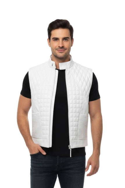 Man wearing a white quilted vest over a black shirt on a white background