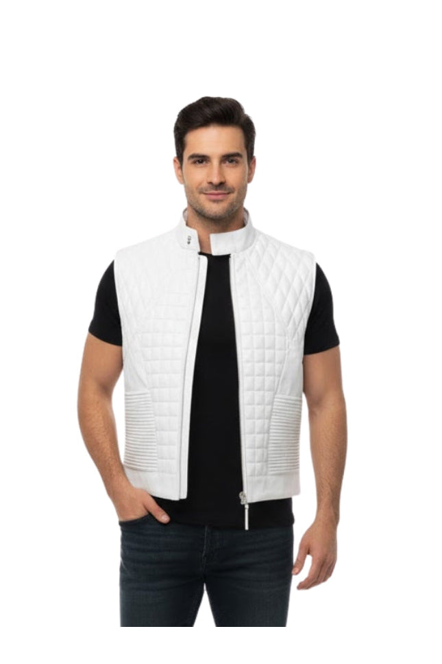 Man wearing a white quilted vest over a black shirt on a white background