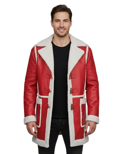 Man wearing a red leather coat with white fur trim on a white background