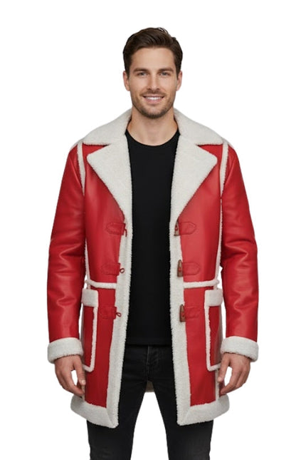 Man wearing a red leather coat with white fur trim on a white background