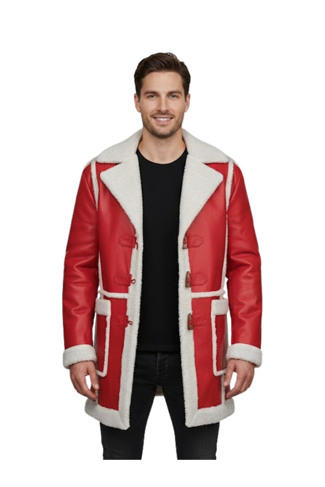Man wearing a red leather coat with white fur trim on a white background