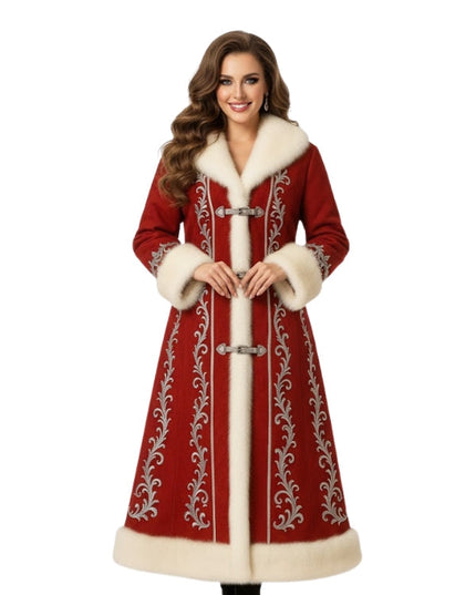 Woman wearing a red coat with white fur trim on a white background
