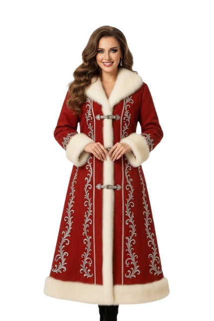 Woman wearing a red coat with white fur trim on a white background