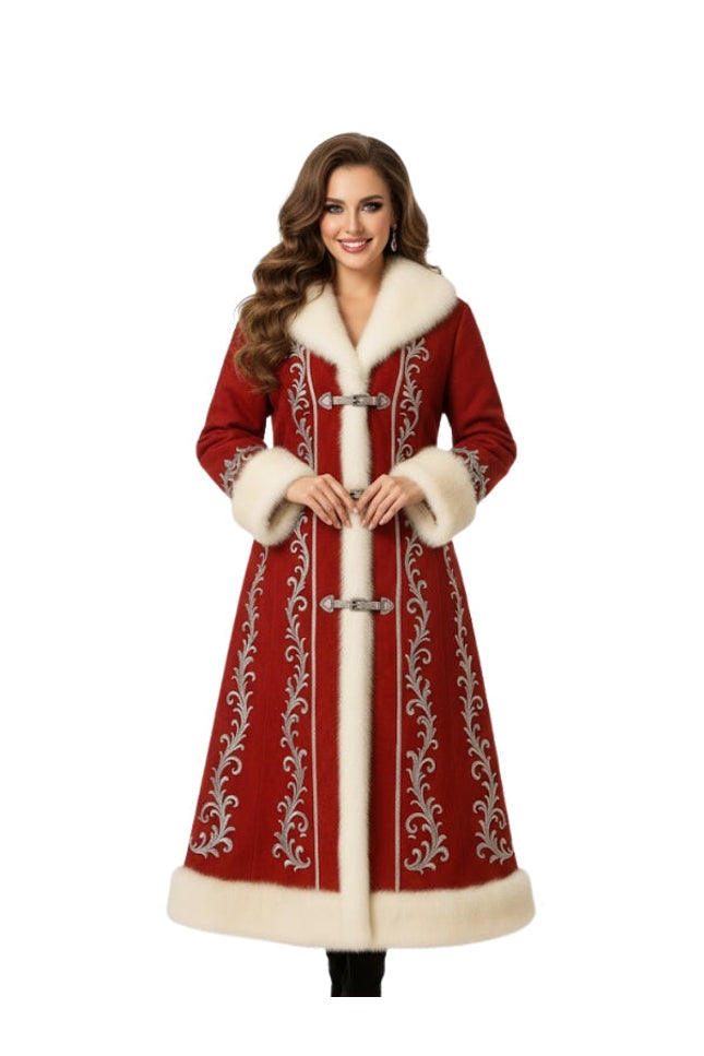 Woman wearing a red coat with white fur trim on a white background