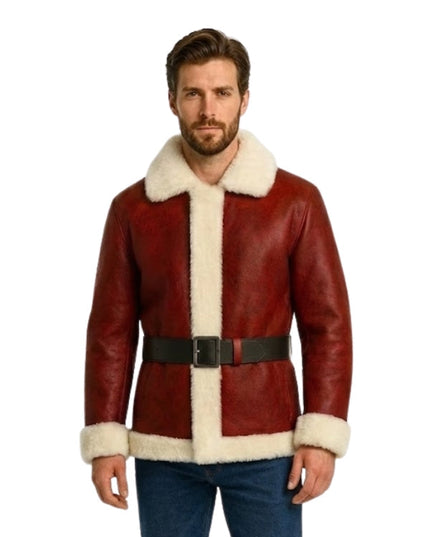 Man wearing a red leather jacket with white fur trim on a white background