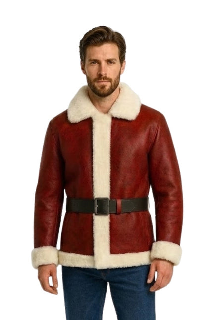 Man wearing a red leather jacket with white fur trim on a white background
