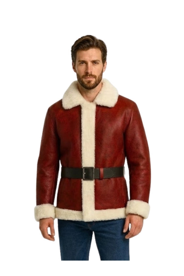 Man wearing a red leather jacket with white fur trim on a white background