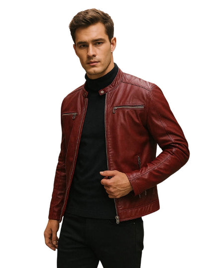 Vento Maroon Leather Biker Jacket