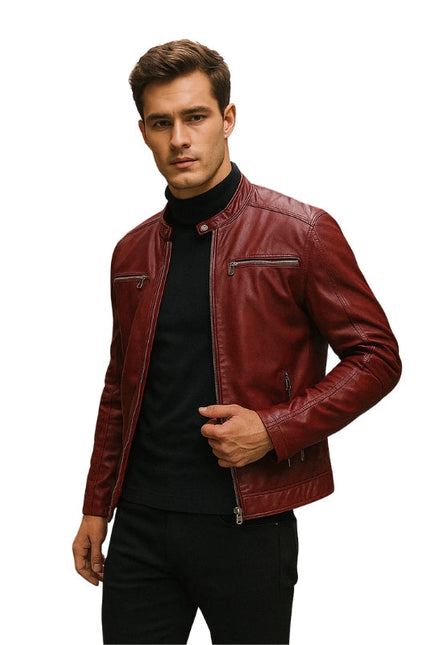 Vento Maroon Leather Biker Jacket