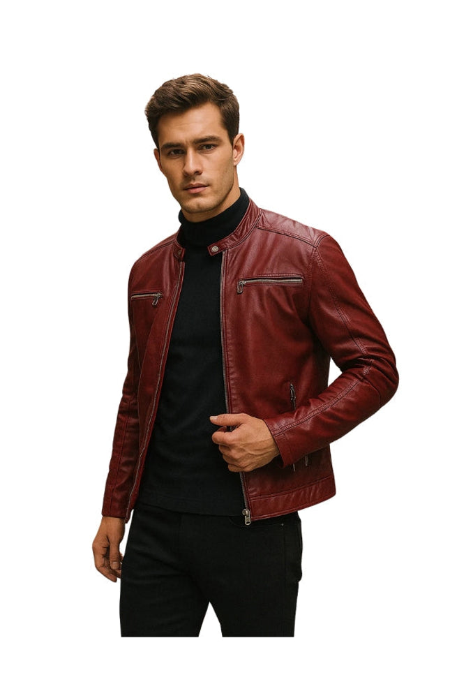 Vento Maroon Leather Biker Jacket