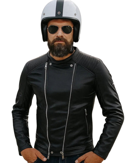 Men's Long Sleeves Multi-Zipper Black Sheepskin Biker Leather Jacket