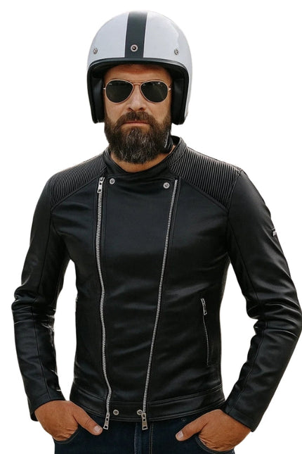 Men's Long Sleeves Multi-Zipper Black Sheepskin Biker Leather Jacket