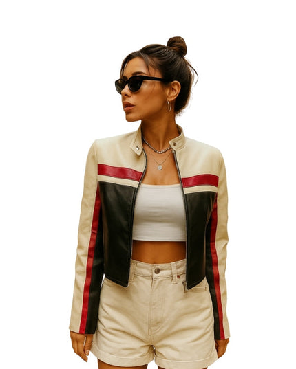 Women's Oversized Colorblock Cropped Leather Jacket