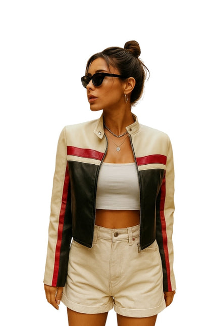 Women's Oversized Colorblock Cropped Leather Jacket