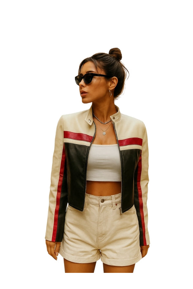 Women's Oversized Colorblock Cropped Leather Jacket