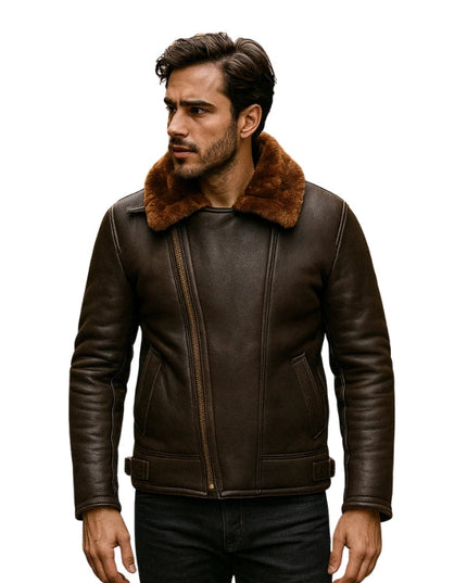 Men's Brown Aviator B3 Shearling Sheepskin Bomber Leather Jacket