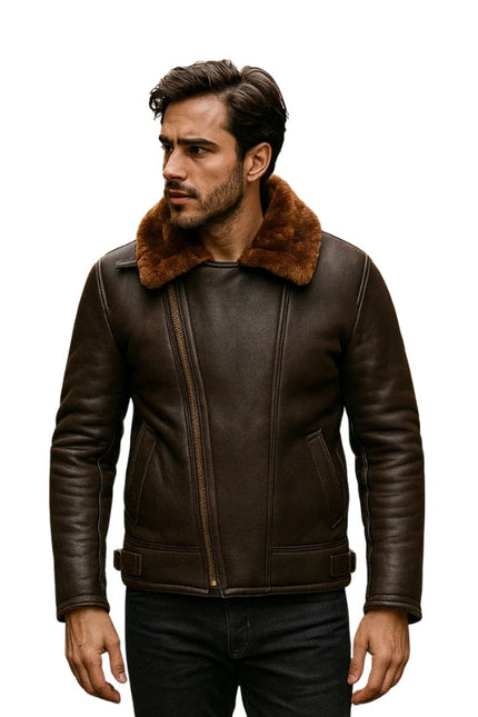 Men's Brown Aviator B3 Shearling Sheepskin Bomber Leather Jacket