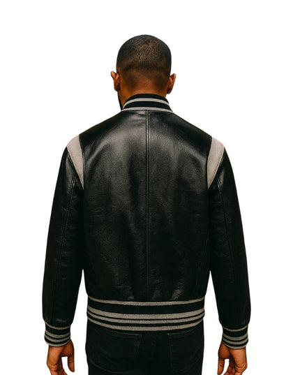 Men's Real Leather Black And Grey Bomber Leather Jacket