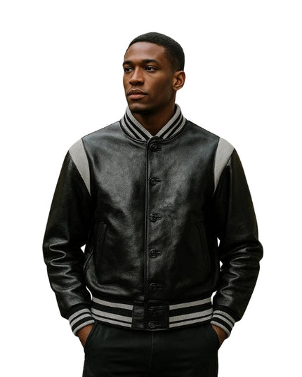 Men's Real Leather Black And Grey Bomber Leather Jacket