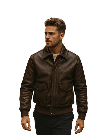 Men's A2 Aviator Pilot Long Sleeves Brown Bomber Leather Jacket