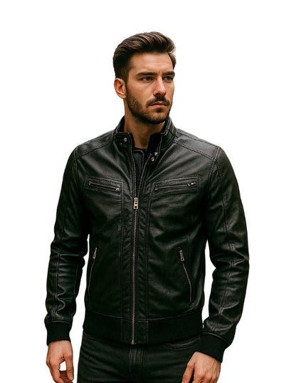 Men's Classic Real Lambskin Long Sleeves Black Bomber Leather Jacket