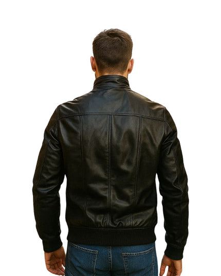 Men's Classic Real Lambskin Long Sleeves Black Bomber Leather Jacket