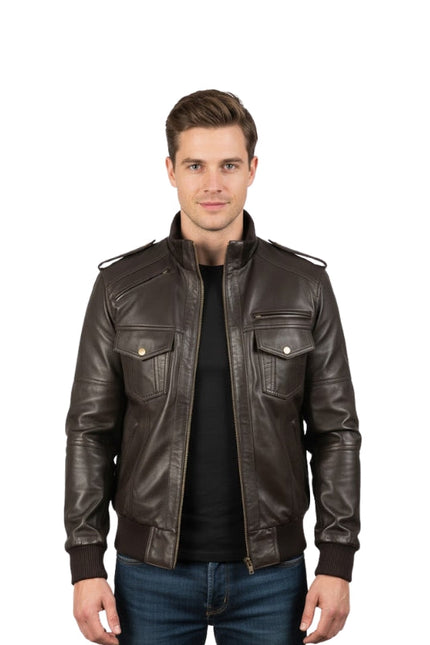 Men's Real Sheepskin Quilted Brown Bomber Leather Jacket