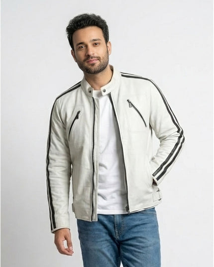 Men's Black & White Biker Leather Jacket