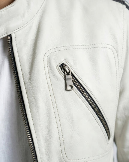 Men's Black & White Biker Leather Jacket