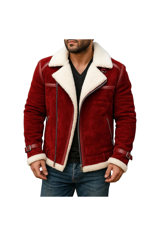 Men’s Red Suede Leather Jacket - Aviator Style
