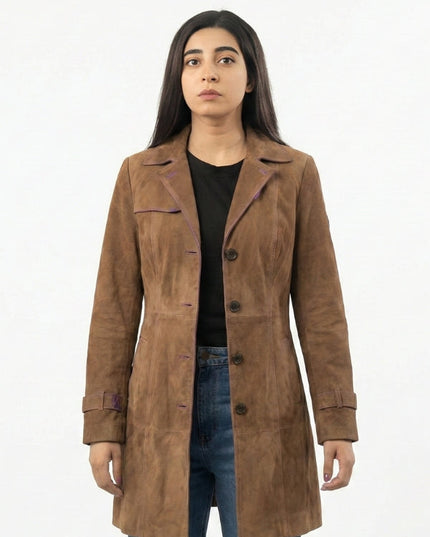 Women’s Suede Leather Button-Up Trench Coat