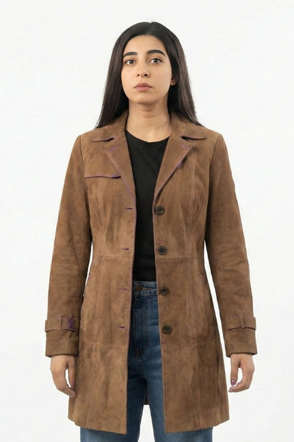 Women’s Suede Leather Button-Up Trench Coat