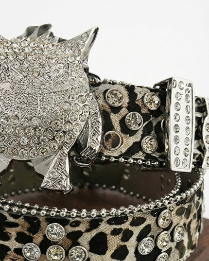 Leopard-Print Monster Buckle Leather Belt