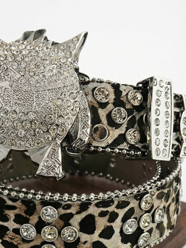 Leopard-Print Monster Buckle Leather Belt