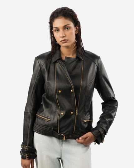 Women’s Belted Leather Biker Jacket - Double Breasted Style