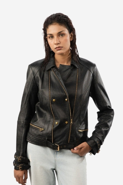 Women’s Belted Leather Biker Jacket - Double Breasted Style