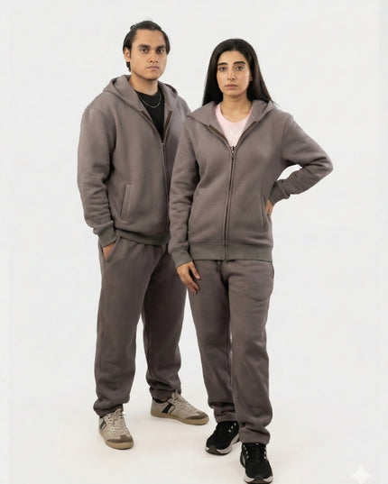Unisex Casual Zip-Up Grey Fleece Tracksuit
