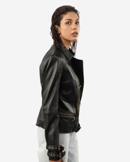 Women’s Belted Leather Biker Jacket - Double Breasted Style