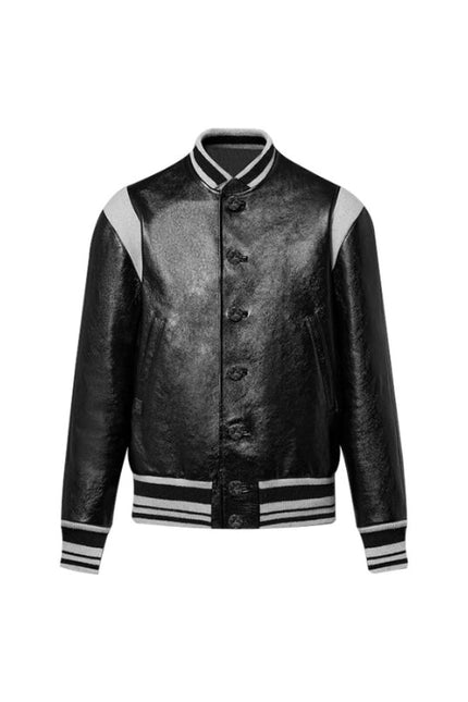 Men's Real Leather Black And Grey Bomber Leather Jacket