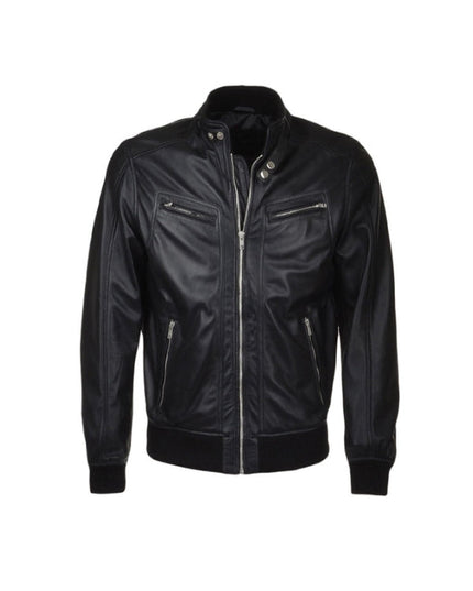 Men's Classic Real Lambskin Long Sleeves Black Bomber Leather Jacket